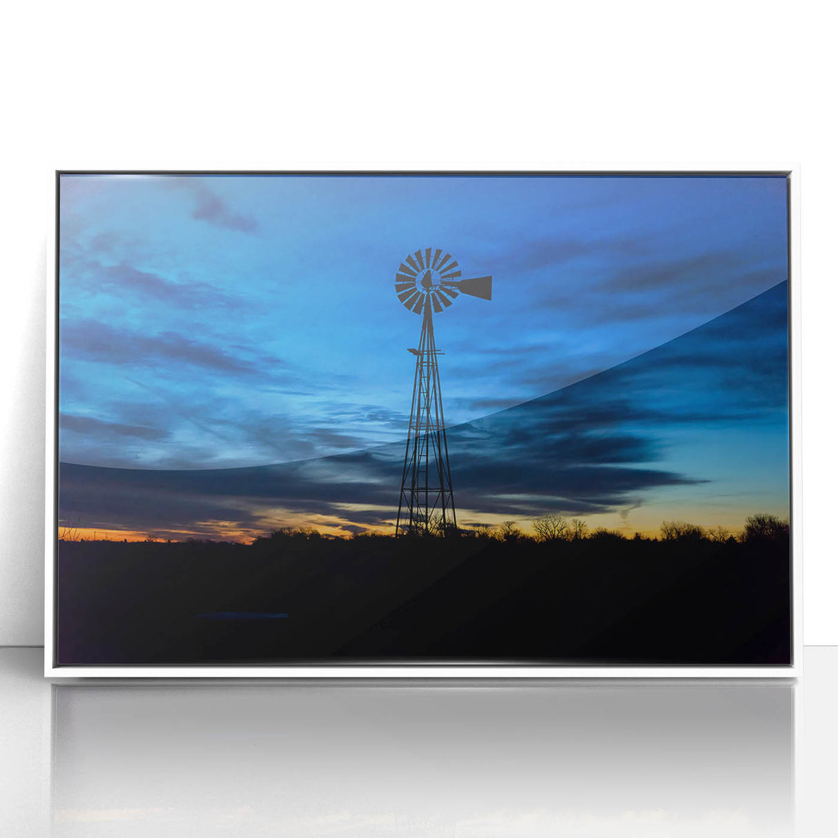 Art deco poster depicting a Nebraska landscape in muted earth tones on framed acrylic.