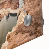 Mid-century modernist style large abstract art print of Hoover Dam in muted earth tones on acrylic glass.
