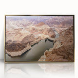 Framed acrylic print of Hoover Dam with soft gold and blue tones, in a mid-century modernist style.
