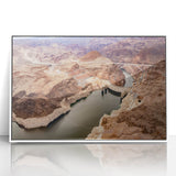 Art deco poster of Hoover Dam in muted gray and blue tones on framed acrylic, suitable for modern art wall decor.