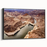 Black and white framed canvas of Hoover Dam, in a vintage poster style, ideal for bedroom wall decor.