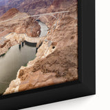 Black wall art of Hoover Dam in textured style on extra large framed canvas, featuring colorful art accents.