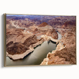 Framed canvas of Hoover Dam in a vintage poster style with black and gold tones, suitable for bedroom wall art.