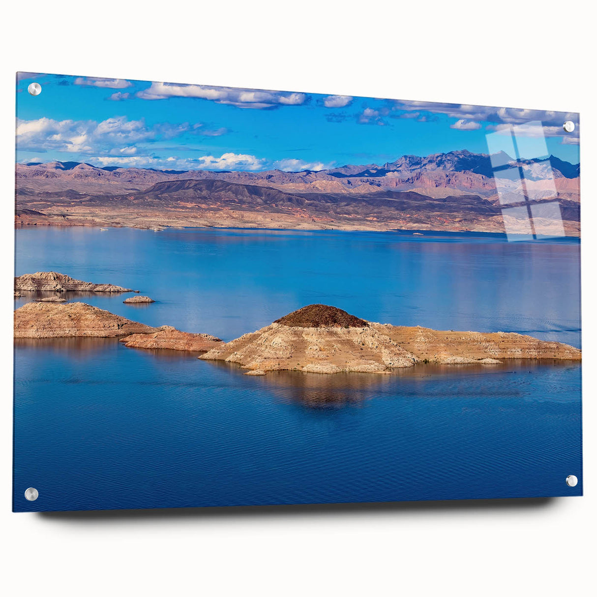 Acrylic print of Lake Mead with vivid blue and turquoise hues, ideal for modern dining room decor.