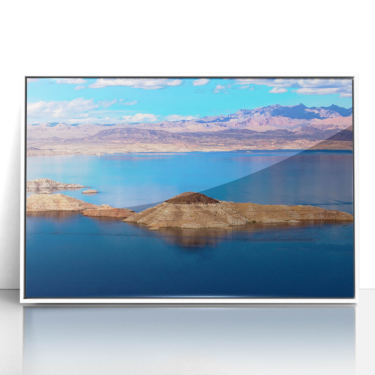 Framed acrylic print of Lake Mead with soft blue and beige tones, ideal for modern art wall decor in a nursery.