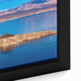 Close-up of extra-large framed canvas depicting Lake Mead with textured black and colorful art, ideal for living room decor.