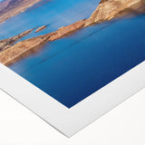 Art deco poster of Lake Mead with soft blue and beige tones on rolled canvas, suitable for dining room wall art.