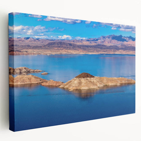 Large art depicting Lake Mead, Nevada, in vibrant blue and green tones on stretched canvas, suitable for kitchen wall art.