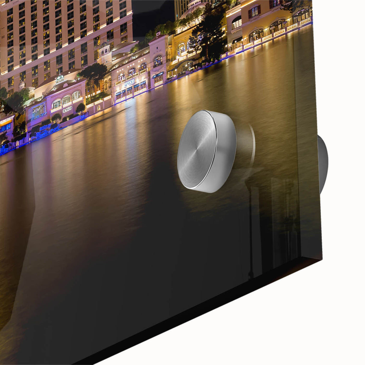 Large abstract depiction of Las Vegas skyline in muted gold and blue tones on acrylic glass, ideal for dining room art.