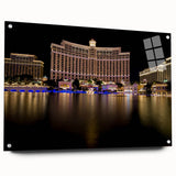 Acrylic print of a Las Vegas skyline in vibrant twilight hues, suitable for dining room decor.