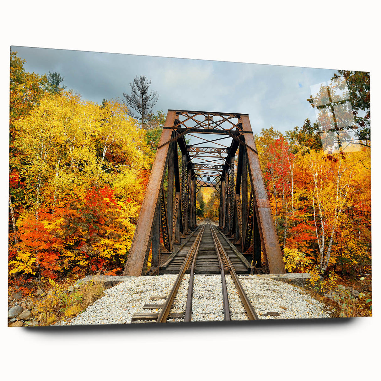 Large abstract wall art depicting serene New Hampshire scenery in muted green and blue tones on acrylic glass.