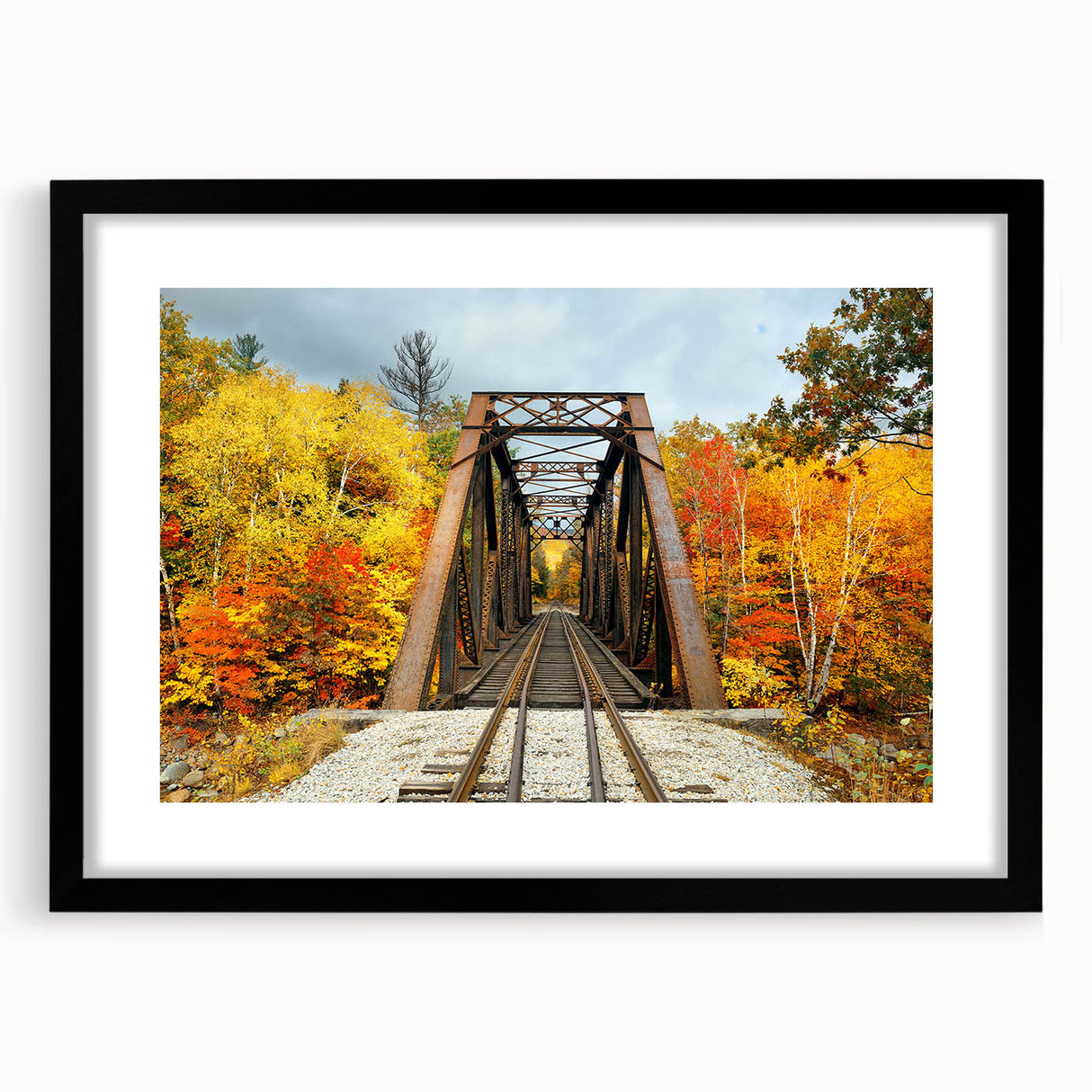 Abstract art print of a colorful, textured New Hampshire scenery on an extra large black framed canvas.