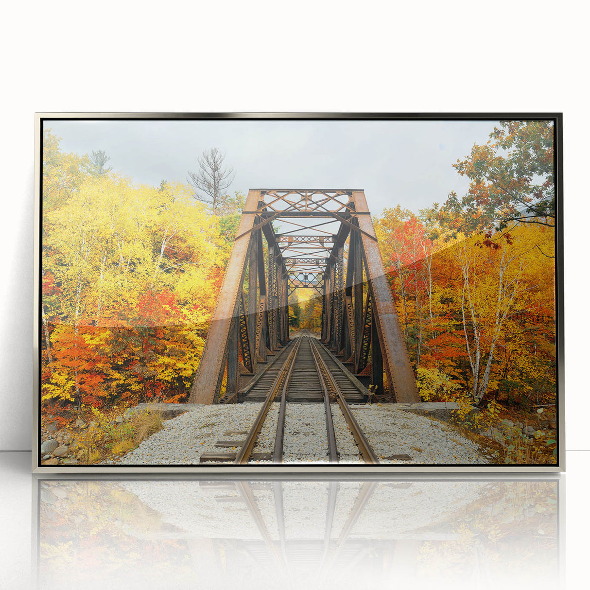 Mid-century modernist art depicting New Hampshire scenery in muted earth tones on a silver-framed acrylic print.