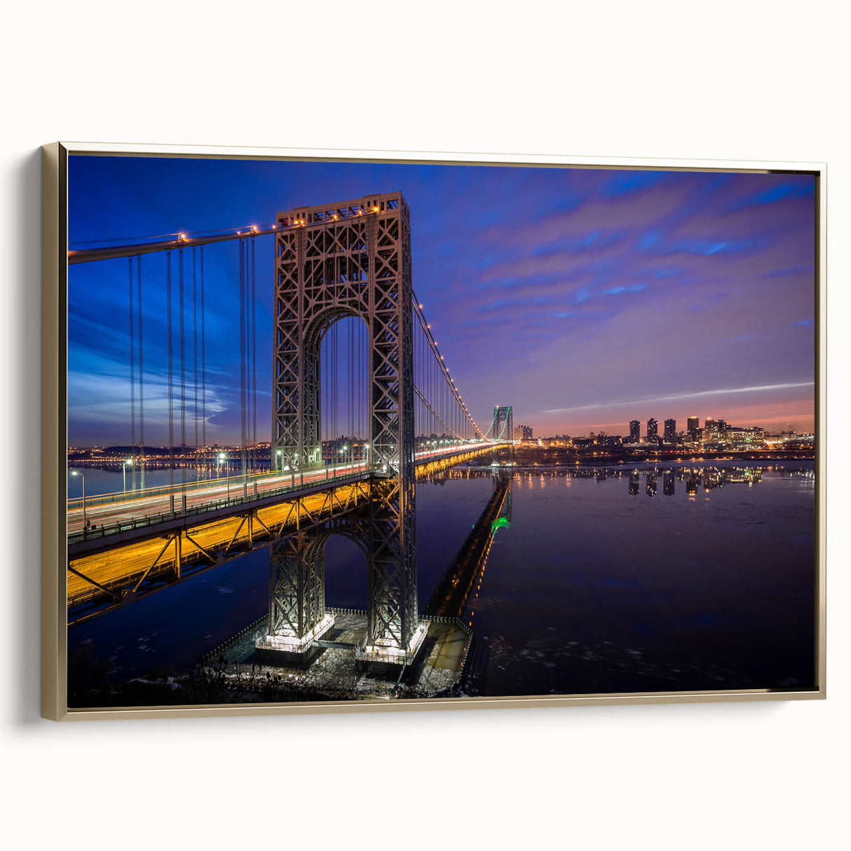 Framed canvas wall art featuring a vintage-style New Jersey landscape in black and gold tones, suitable for bedroom decor.