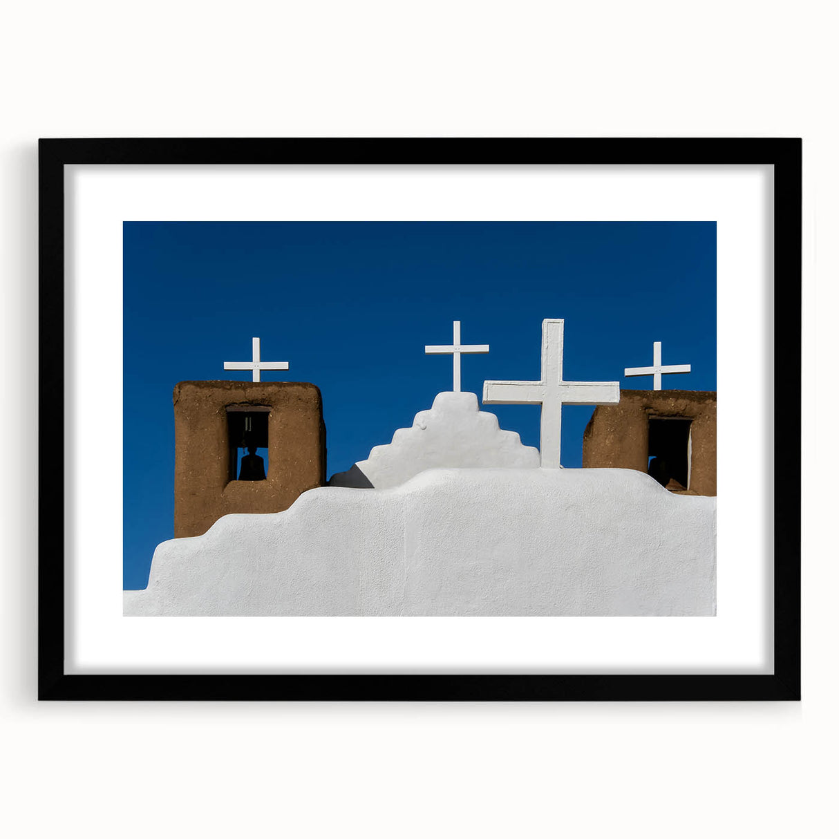 Extra large abstract art print of a colorful, textured New Mexico scenery on a black framed canvas.