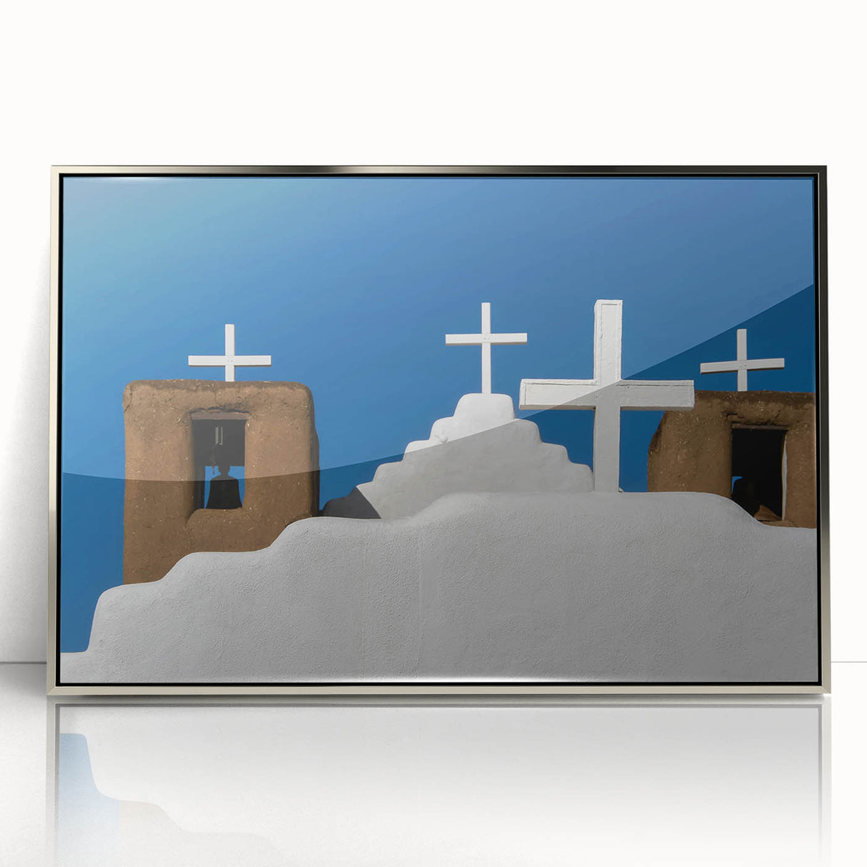 Mid-century modernist art depicting New Mexico scenery in muted earth tones on a framed acrylic print.