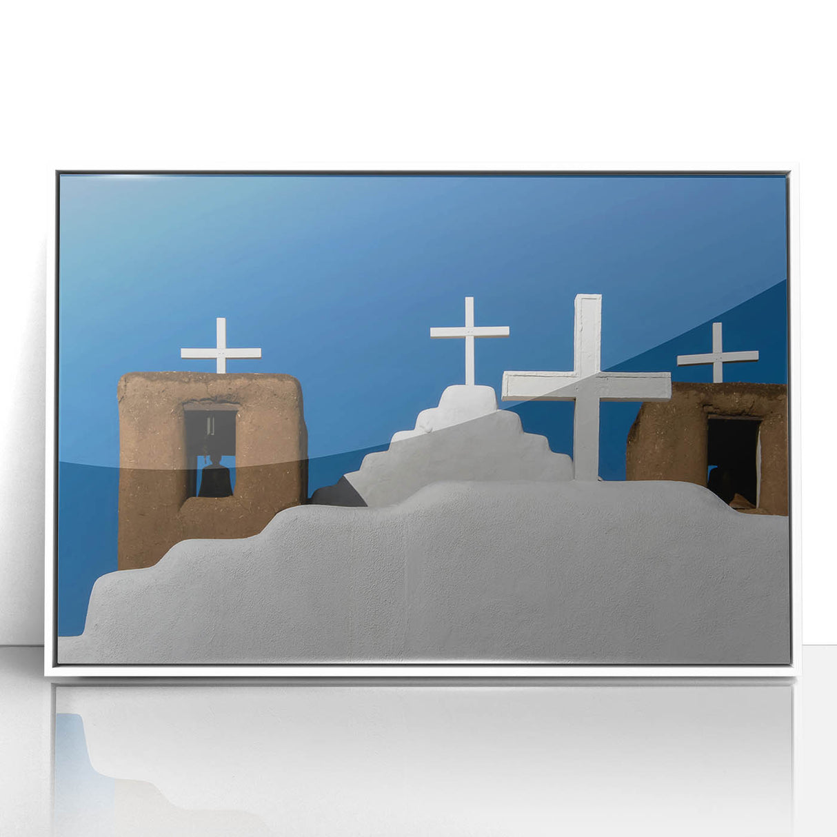 Art deco poster featuring New Mexico scenery in muted earth tones on a white-framed acrylic.