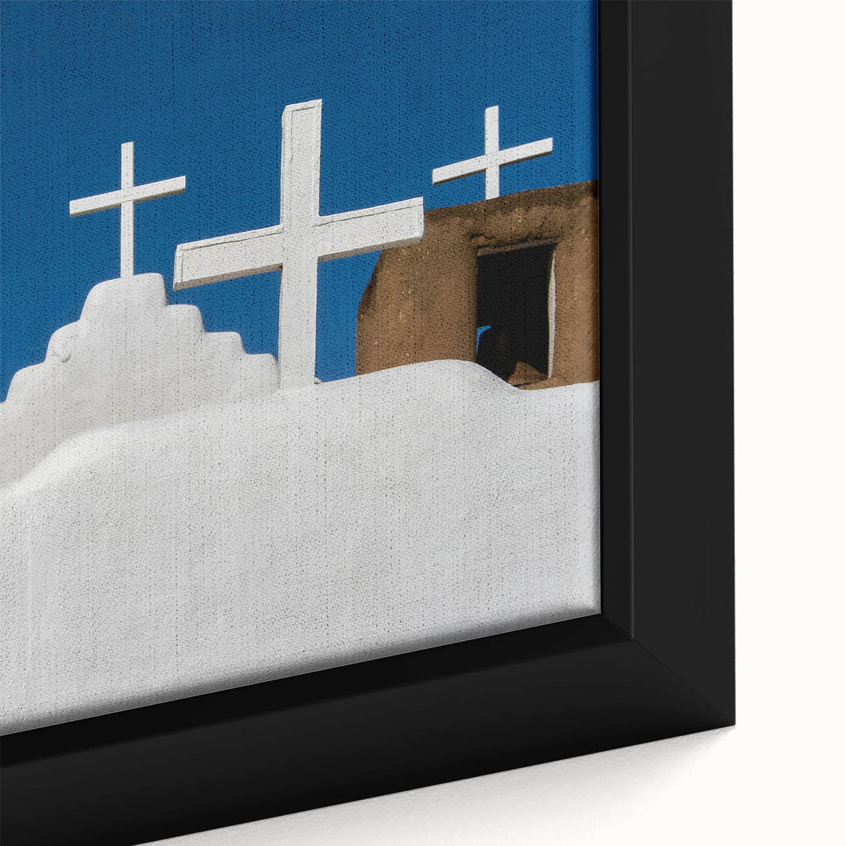 Extra large framed canvas featuring a textured depiction of a New Mexico landscape in black with colorful accents.