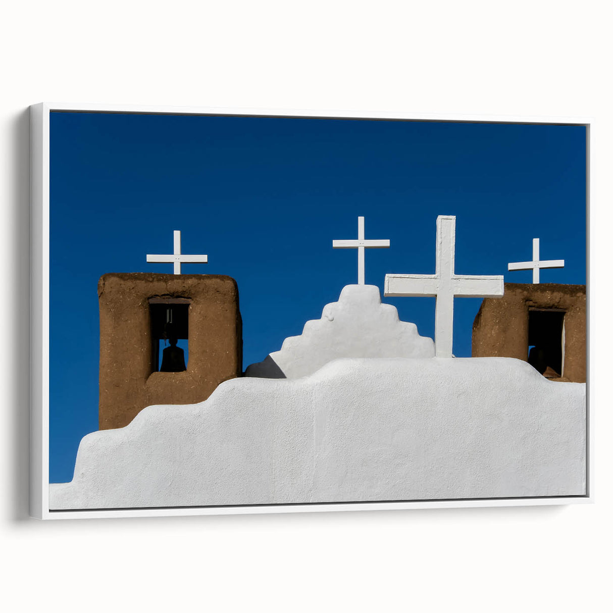 Vintage poster art of a New Mexico landscape on a framed canvas, featuring a palette of earth tones.