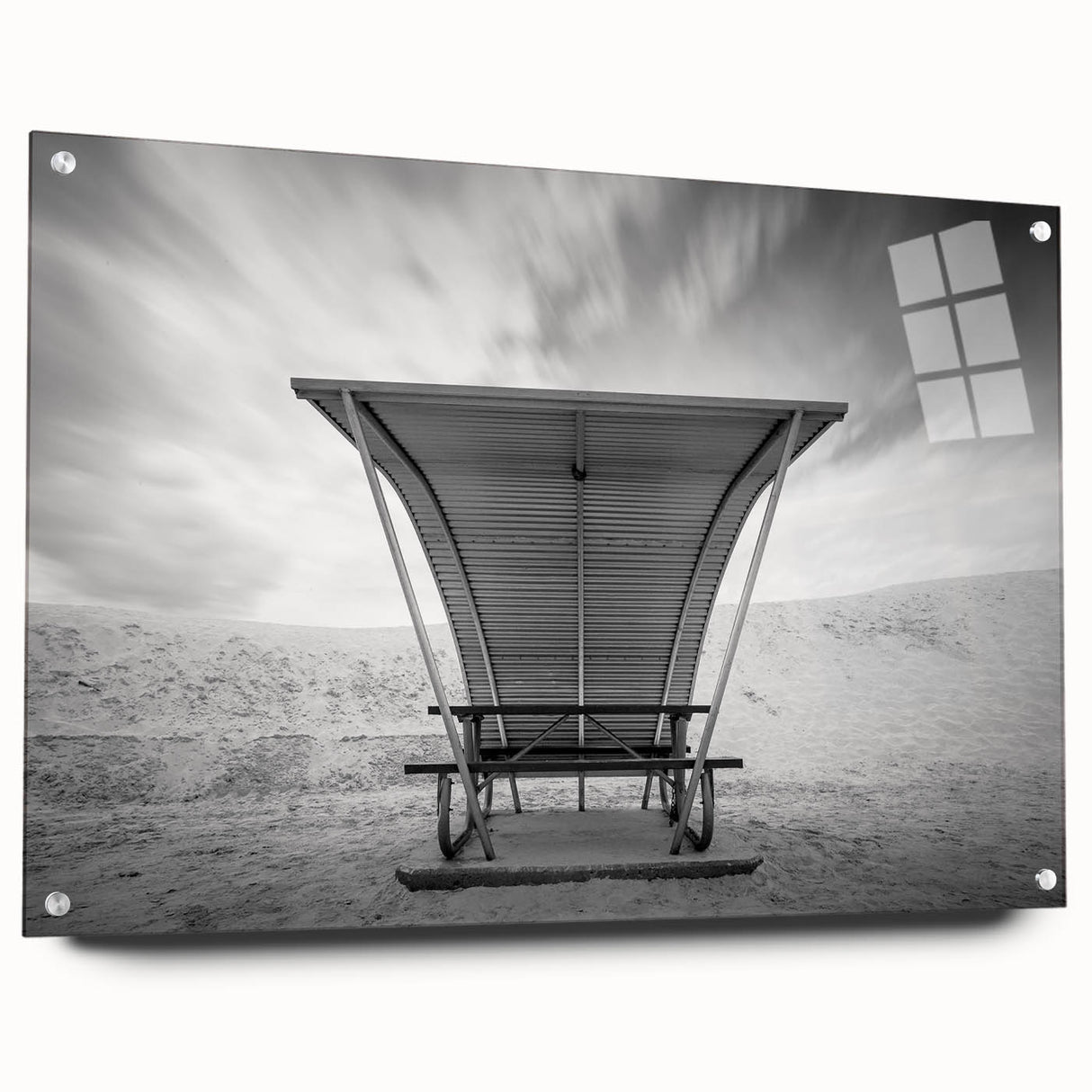 Acrylic glass print of White Sands, New Mexico, featuring soft beige and white tones.