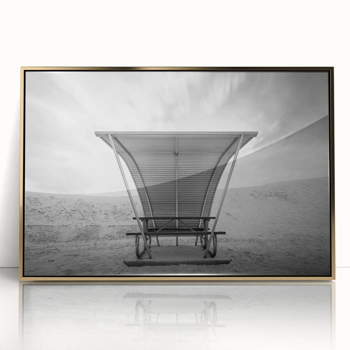 White Sands landscape in muted beige tones, framed acrylic print in mid-century modernist style.