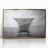 White Sands landscape in muted beige tones, framed acrylic print in mid-century modernist style.