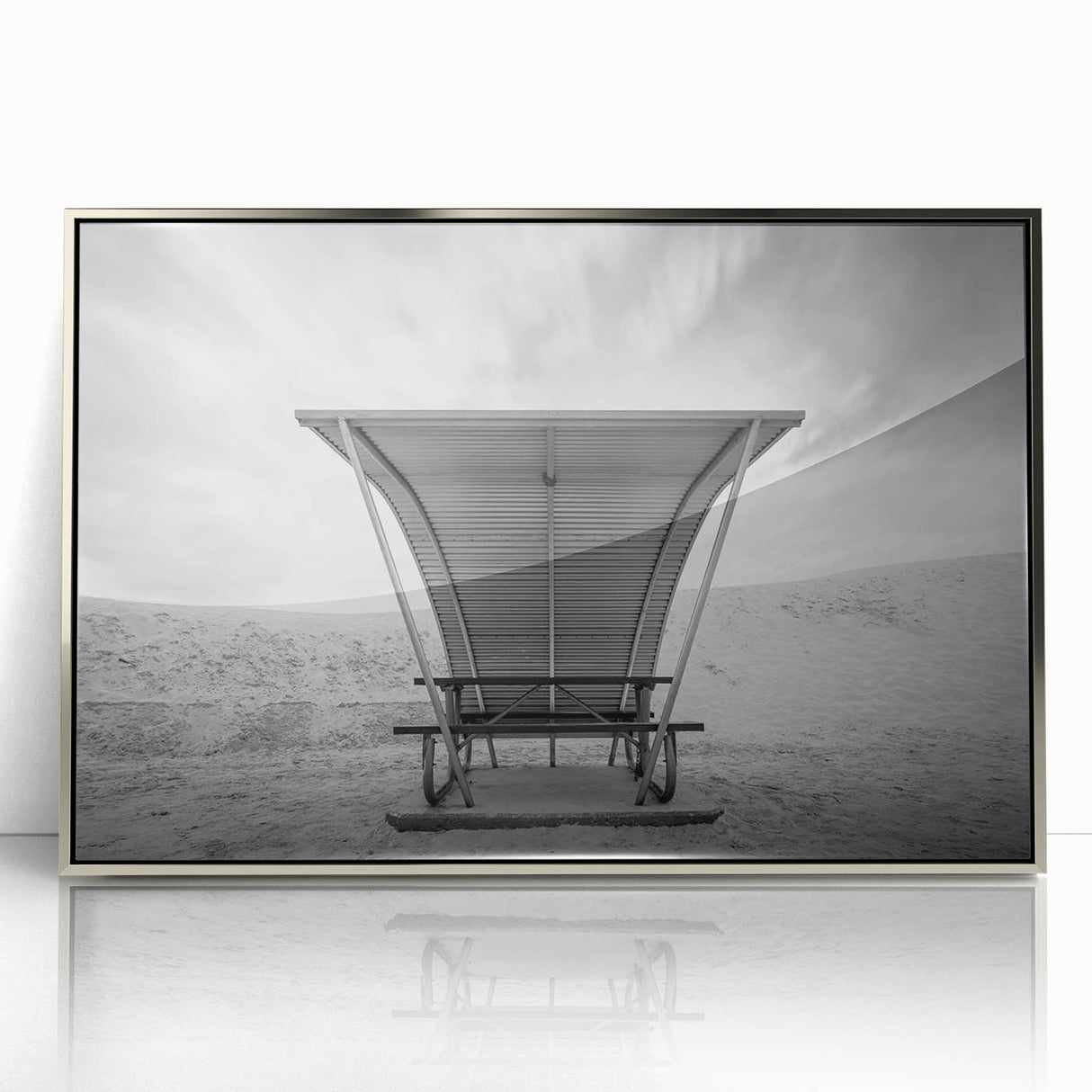 Mid-century modernist art depicting the White Sands in New Mexico with muted earth tones on a framed acrylic print.