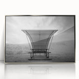 Mid-century modernist art depicting the White Sands in New Mexico with muted earth tones on a framed acrylic print.