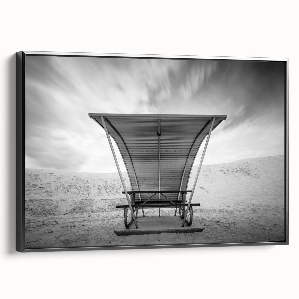 Black and white wall art of White Sands landscape on framed canvas, ideal for bedroom decor.