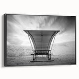 Black and white wall art of White Sands landscape on framed canvas, ideal for bedroom decor.