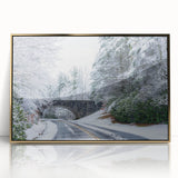 Large art print of Blue Ridge, North Carolina landscape in mid-century modernist style, framed in gold acrylic.