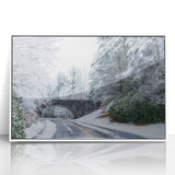 Acrylic print of Blue Ridge Mountains in muted blue and green hues, framed in white, ideal for modern art wall decor.