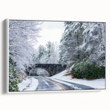 Vintage poster art of Blue Ridge scenery in North Carolina, framed canvas with colorful art on a white background.