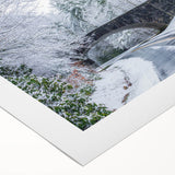 Art deco poster of Blue Ridge scenery in North Carolina on rolled canvas, featuring muted blue and green tones.