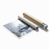 Blue Ridge mountain range in soft blue tones on a rolled canvas, suitable for classy bathroom wall art.