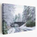 Blue Ridge Mountains landscape on stretched canvas, featuring cool blue and green tones, ideal for kitchen wall art.