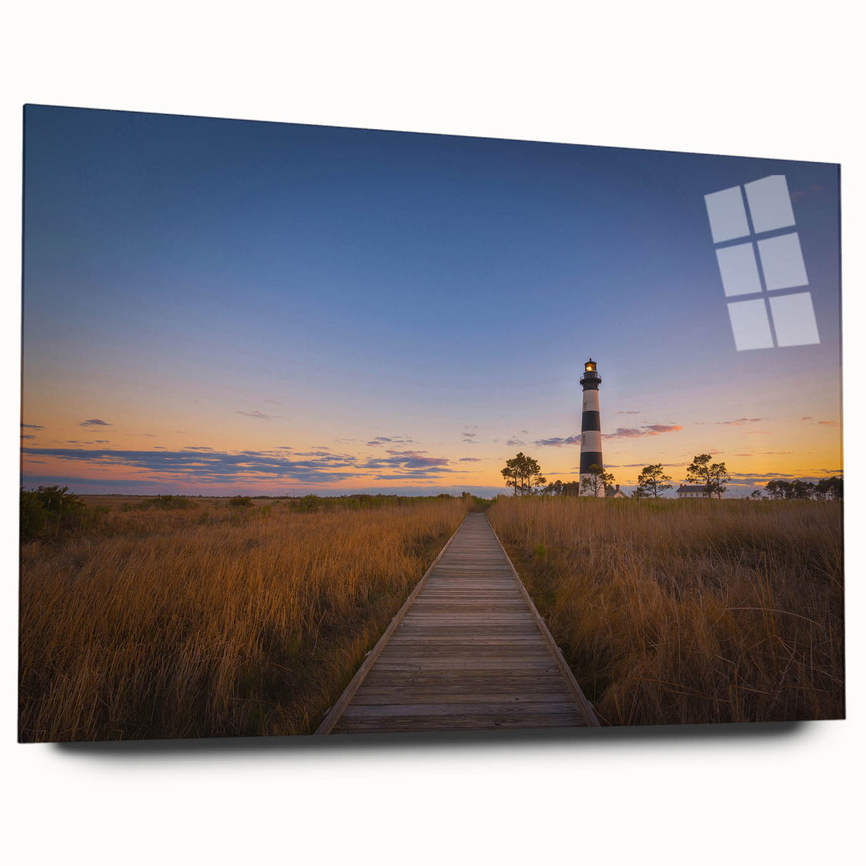 Acrylic print of Cape Hatteras, featuring large abstract shades of blue and green, suitable for bedroom or dining room art.