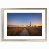 Textured abstract art print of Cape Hatteras in muted blue and gray tones on a framed silver mat, ideal for bedroom art.