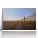 Art deco poster of Cape Hatteras scenery in muted blue tones on framed acrylic, suitable for modern nursery wall art.