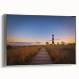 Landscape art painting of Cape Hatteras with colorful sky, framed in silver on canvas, suited for living room decor.