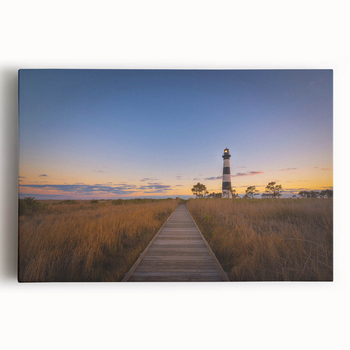 Black and white photograph of Cape Hatteras lighthouse on stretched canvas, ideal for kitchen wall art.