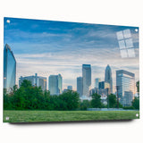 Acrylic print of Charlotte, North Carolina skyline in muted blue and gray tones, suitable for bedroom or dining room decor.