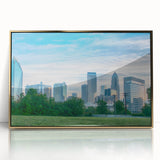 Acrylic print of Charlotte skyline in gold and teal tones, mid-century modernist style, suitable for modern art wall decor.