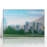 Acrylic print of Charlotte, North Carolina skyline in art deco style with muted gray and blue tones.