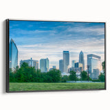Black and white framed canvas of the Charlotte skyline, ideal for bedroom wall decor.