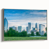 Framed canvas landscape art painting of Charlotte, North Carolina, featuring colorful vintage poster art style.