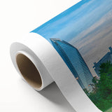 Art deco poster of Charlotte skyline in pastel shades on rolled canvas, ideal for nursery wall art.