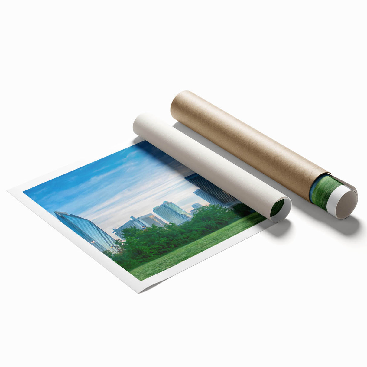 Extra large rolled print of Charlotte, North Carolina skyline with muted floral accents, ideal for classy bathroom wall art.
