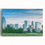 Black and white stretched canvas of the Charlotte skyline, ideal for kitchen wall art.