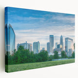 Charlotte skyline in muted gray and blue tones on large stretched canvas, ideal for kitchen wall art.
